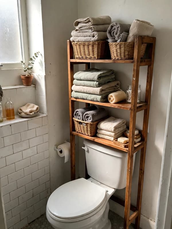 A wooden freestanding shelf unit over a white toilet holding woven baskets, folded towels and a small jar in bright daylight