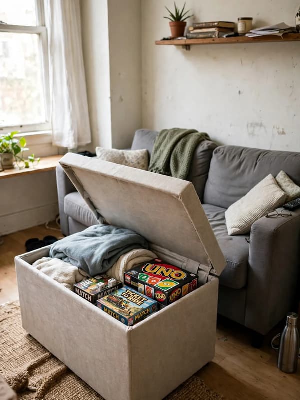 Fabric storage ottoman in a small apartment living room with the lid lifted, showing blankets and board games stored inside, next to a compact sofa