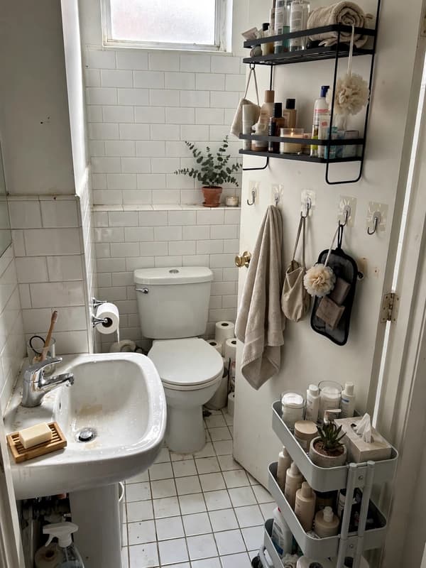 Rental bathroom overview with an over-door rack, clear adhesive hooks and a rolling cart, no holes drilled in the tile