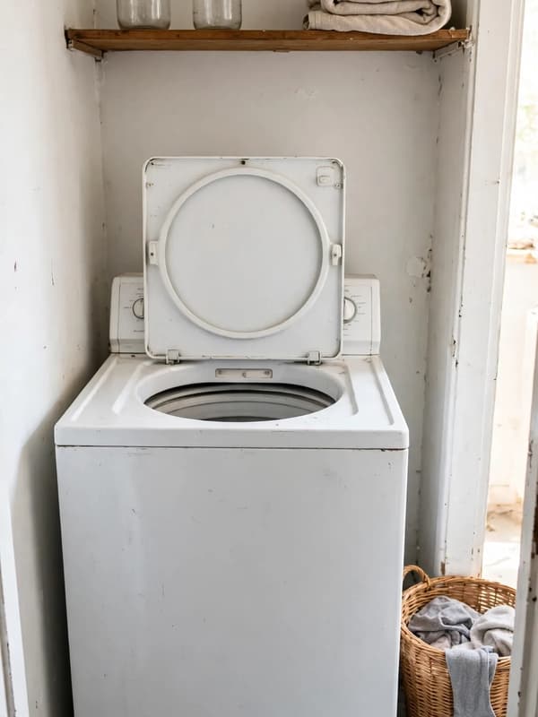 A wooden shelf above an open top-load washing machine holding plain glass jars and a folded towel, with a laundry basket beside it