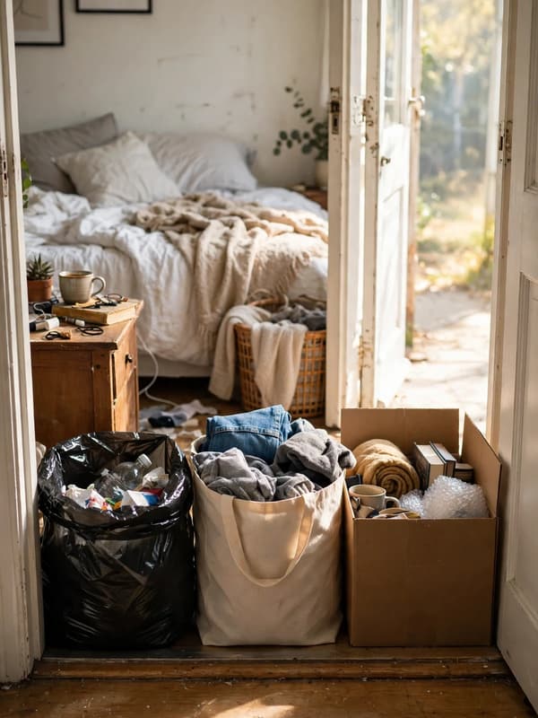 A bedroom doorway in morning light with a trash bag, a canvas donation bag and a box of items to relocate lined up ready