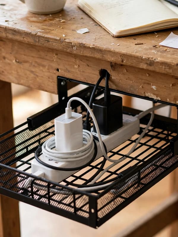 Under-desk cable tray mounted beneath a wooden desk holding a power strip, charger bricks and neatly routed cords off the floor