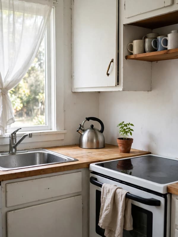 A freshly decluttered kitchen with clear wooden worktops, a kettle and a small potted herb by the sink