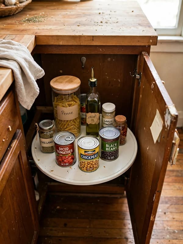 Open lower blind corner cabinet with a large round lazy susan inside holding pasta jars, olive oil, cans and spice jars