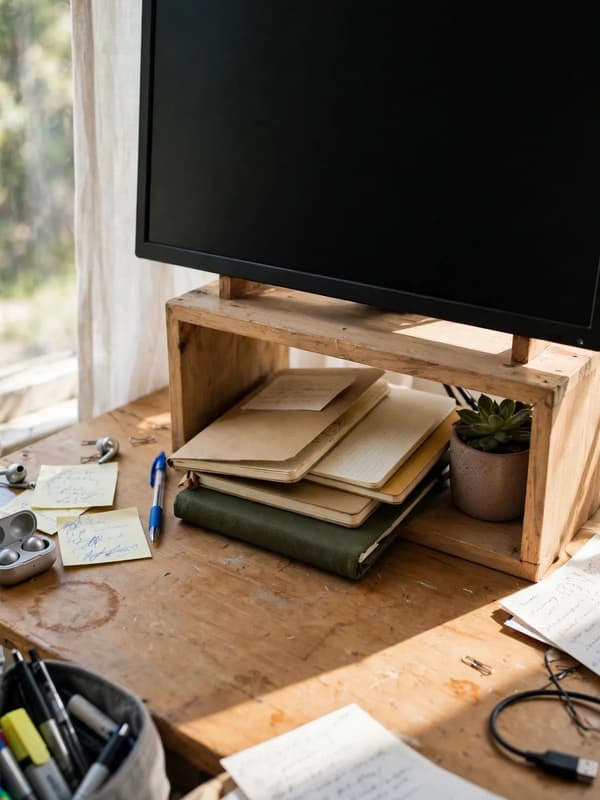 Monitor raised on a wooden stand above a small desk with notebooks and a small plant tucked neatly into the open space underneath the screen