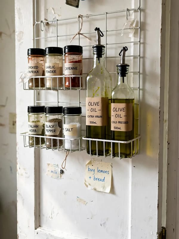 White wire spice rack hanging over a kitchen door holding rows of labeled spice jars and small oil bottles in a real home kitchen