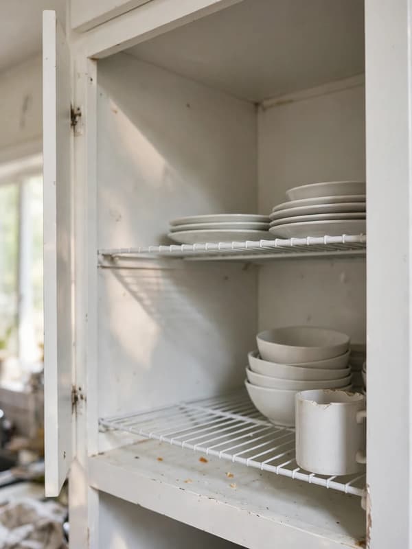 Open white kitchen cabinet with wire shelf risers creating a second level, plates stacked on top and bowls underneath, a chipped mug at the edge