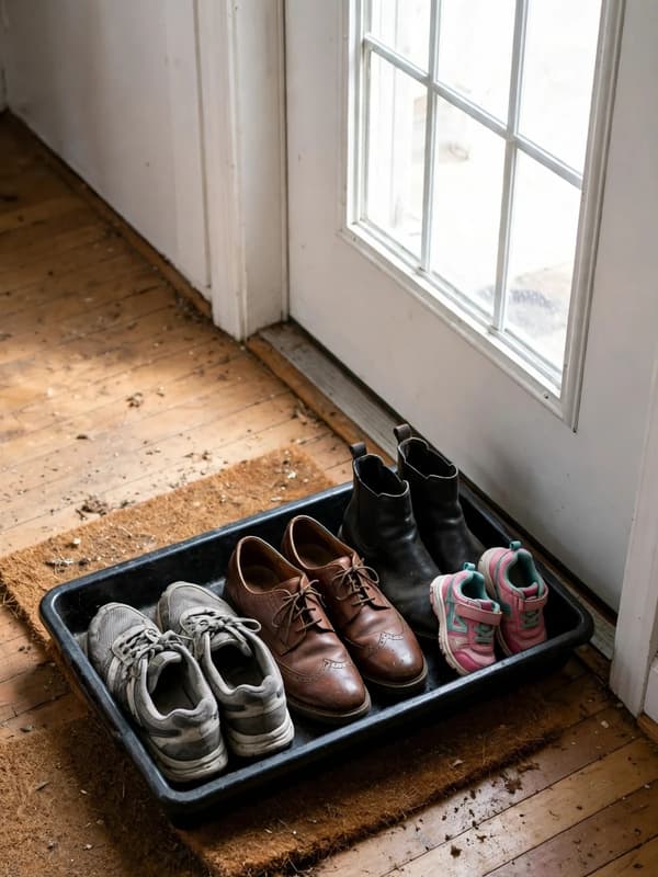A low shoe tray with a raised lip beside a white front door holding sneakers, leather shoes, boots and kids trainers in a row on a wooden floor