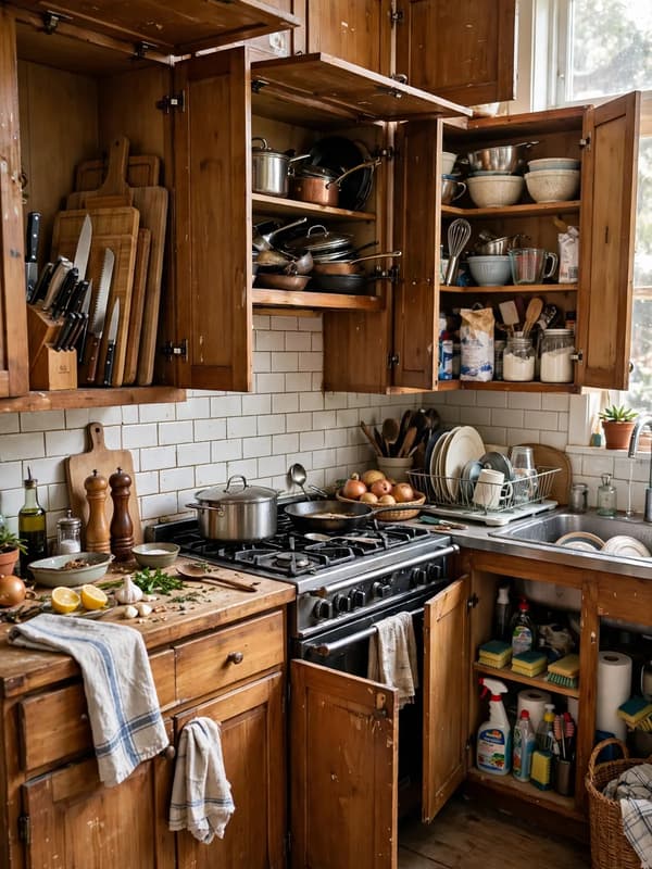 A warm wooden kitchen with cabinets open showing prep, cooking, baking and cleaning zones around the stove and sink
