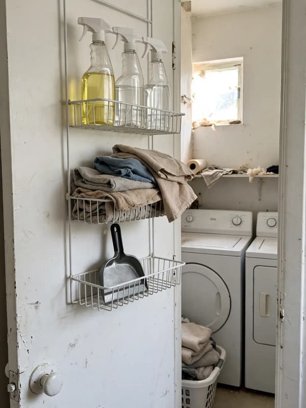 An over-the-door wire rack on a laundry room door holding spray bottles, folded cloths and a dustpan, with washer and dryer behind