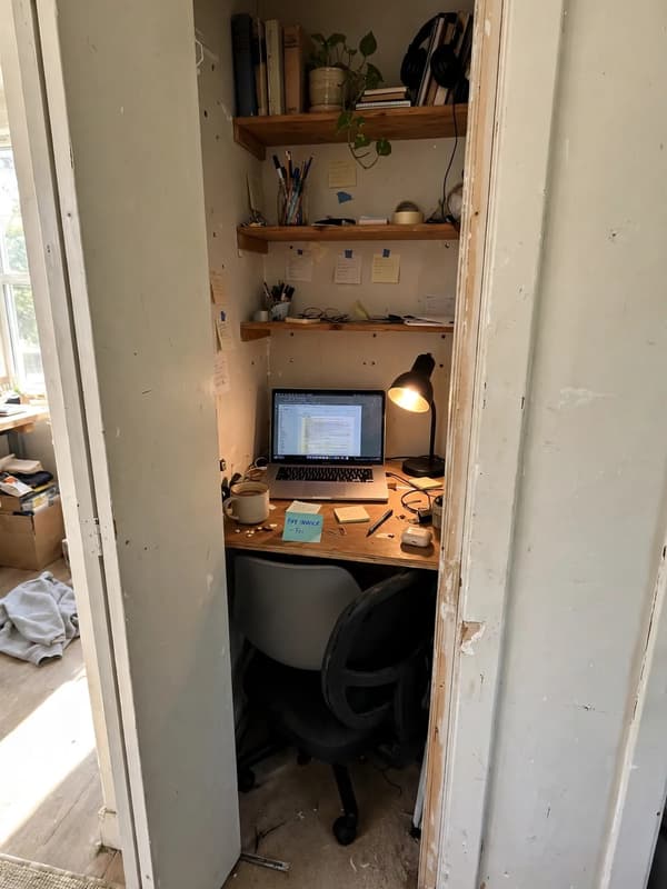 Small closet converted into a tiny cloffice with doors open, a narrow desk, laptop, lamp and shelves inside a bright bedroom