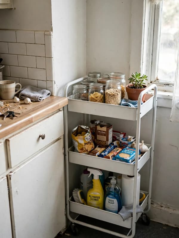 White three-tier metal rolling cart on wheels beside a kitchen counter in a small rental apartment, filled with jars snacks cleaning supplies and a small green plant