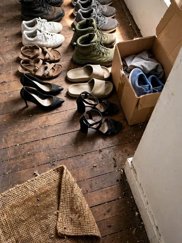 Every pair of shoes in a small apartment lined up in rows on an entryway floor beside a half-full cardboard donation box
