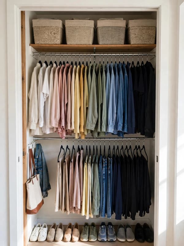 Bright, neatly organized small closet with color-coordinated clothes and tidy shelves