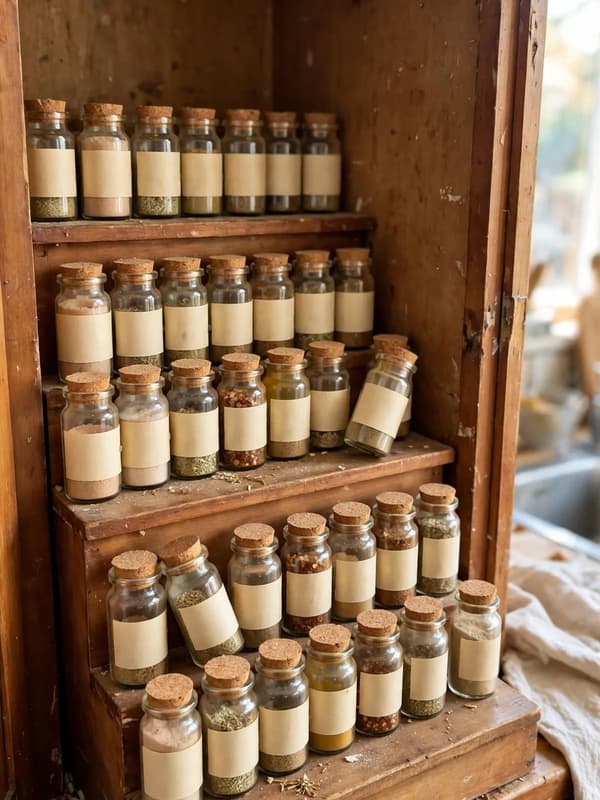 A tiered wooden riser inside a kitchen cabinet holding rows of small glass spice jars with blank cream labels, every row visible