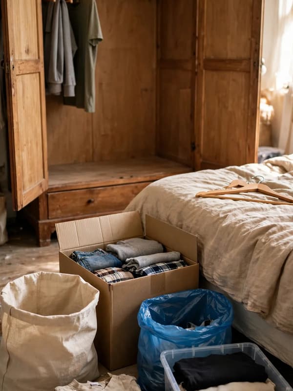 Three sorting exits on a bedroom floor — a box of folded clothes, a canvas bag and a clear storage box in front of an open wooden wardrobe