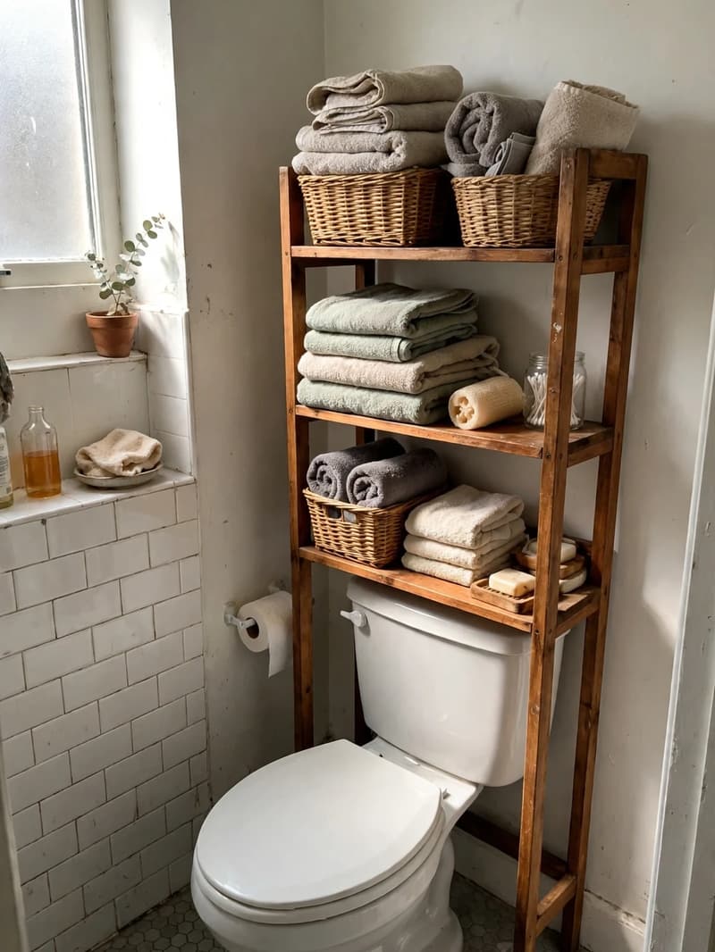 A wooden freestanding shelf unit over a white toilet holding woven baskets, folded towels and a small jar in bright daylight
