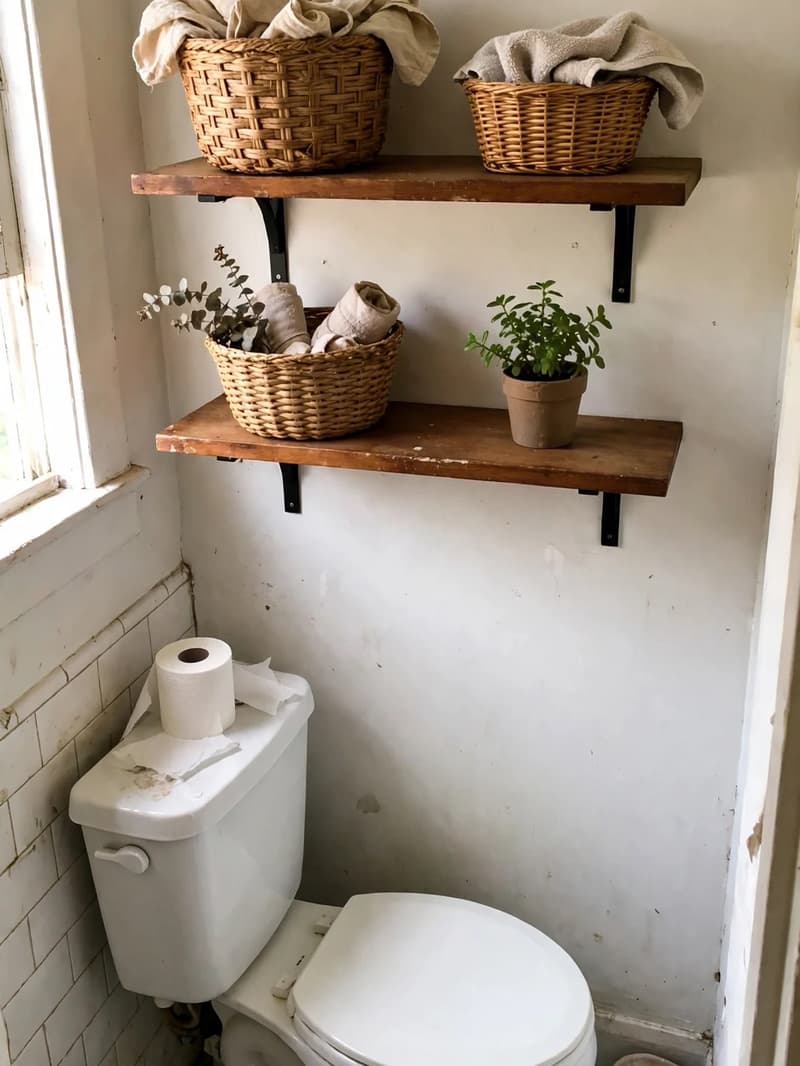 Two floating wood shelves above a toilet holding woven baskets with towels and a small potted plant