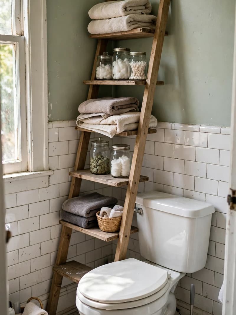 A leaning wooden ladder shelf beside and over a toilet with folded towels, glass jars and a small basket on its shelves