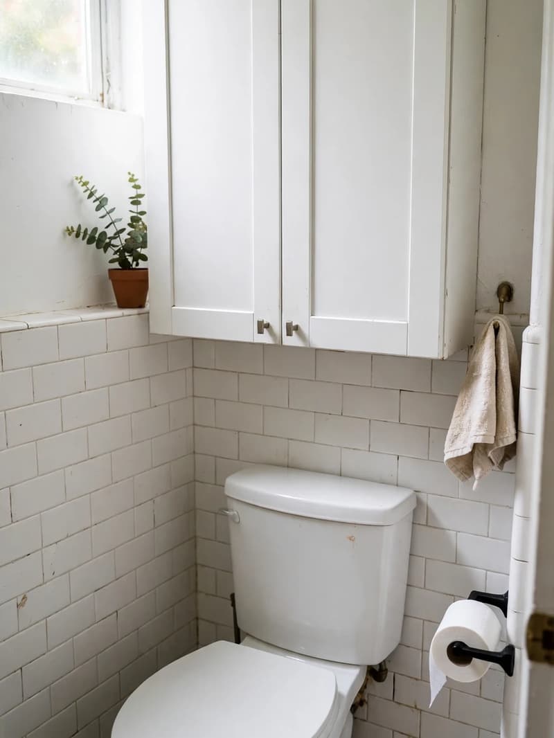 A closed white wall cabinet with two doors mounted above a toilet in a tidy tiled bathroom