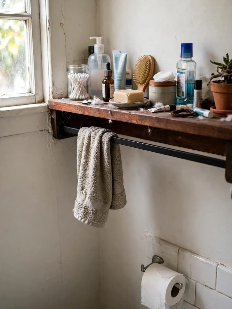 A deep wooden shelf above a toilet with toiletries on top and a black rail underneath holding a hanging hand towel
