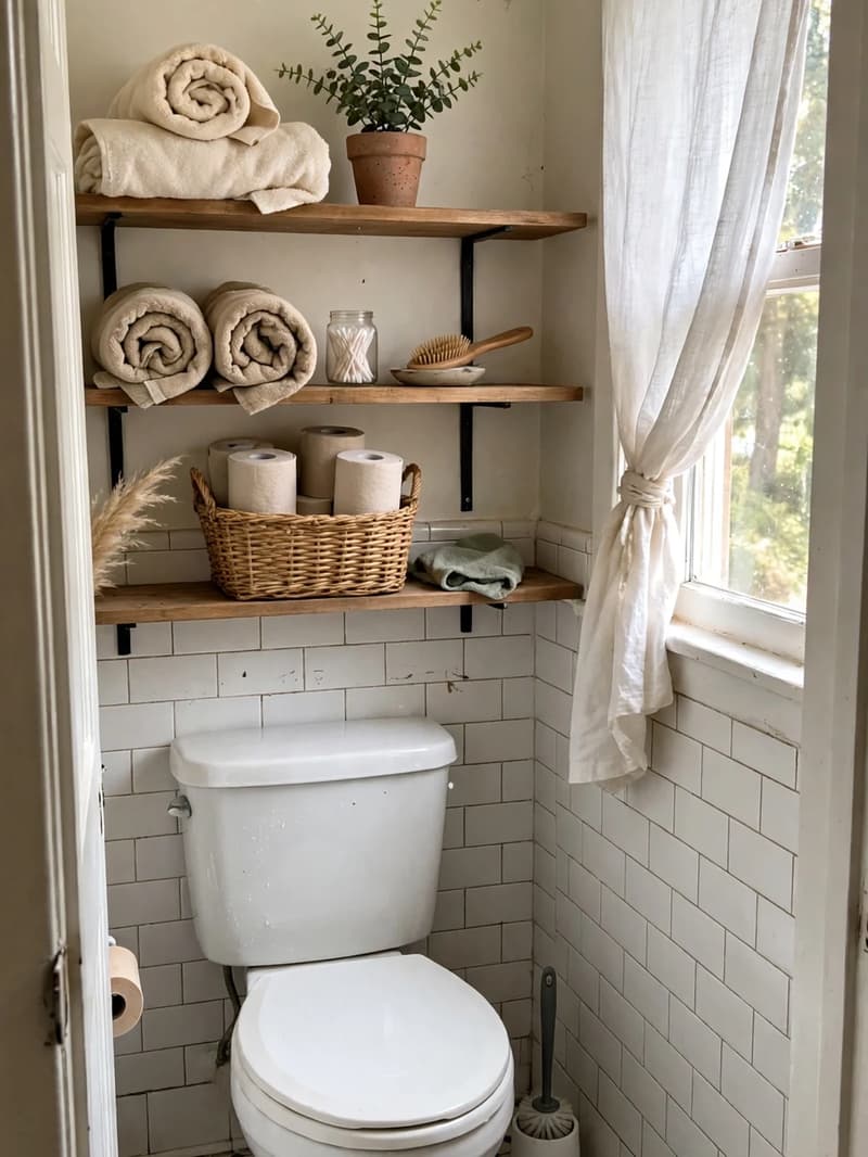 Styled open wood shelves above a toilet with rolled towels, a woven basket of spare toilet rolls and a small potted plant