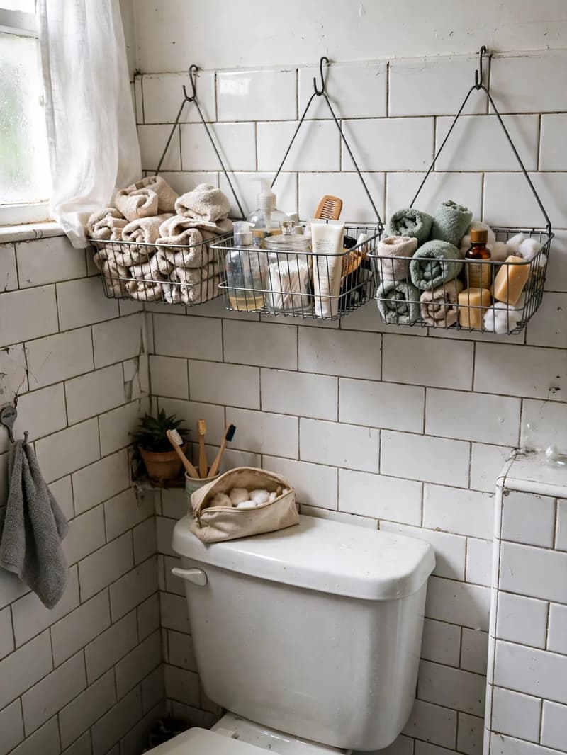 Three wire baskets hanging on hooks on a tiled wall above a toilet, filled with rolled towels and toiletries