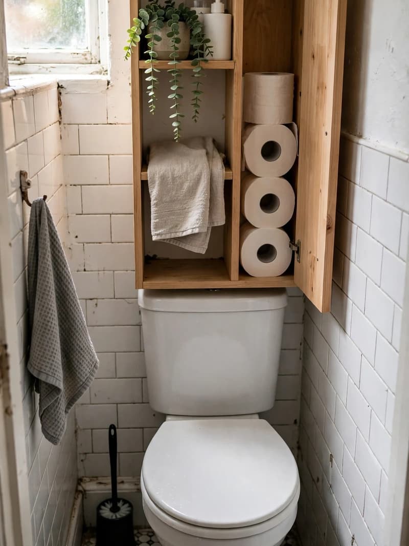 A slim wooden over-toilet unit with an open side compartment stacked with spare toilet paper rolls above a toilet