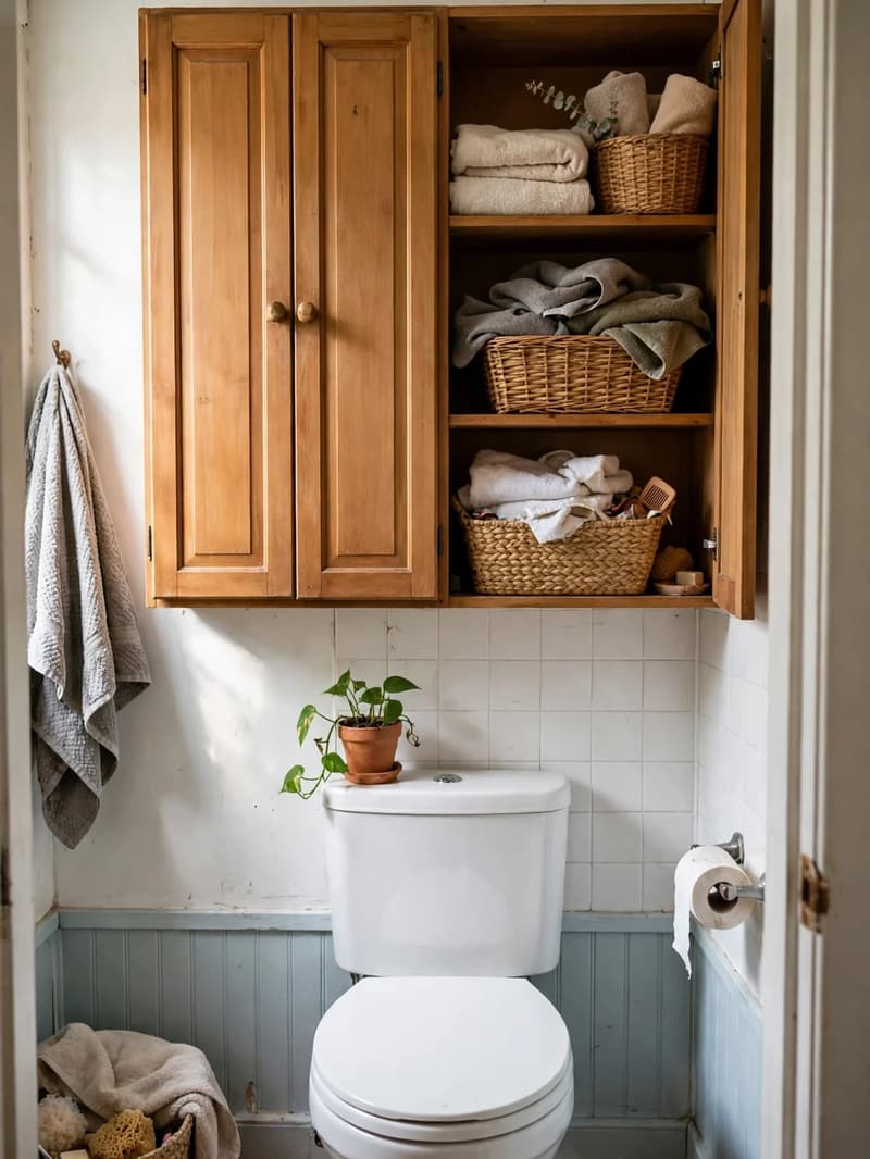 A wooden over-toilet unit with closed cabinet doors on one side and open shelves with baskets and towels on the other