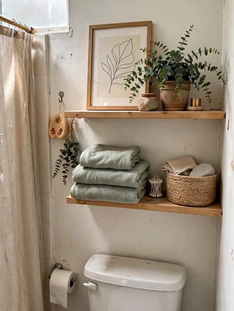 Beautifully styled light wood shelves above a toilet with framed line art, a leafy potted plant and neatly folded matching towels