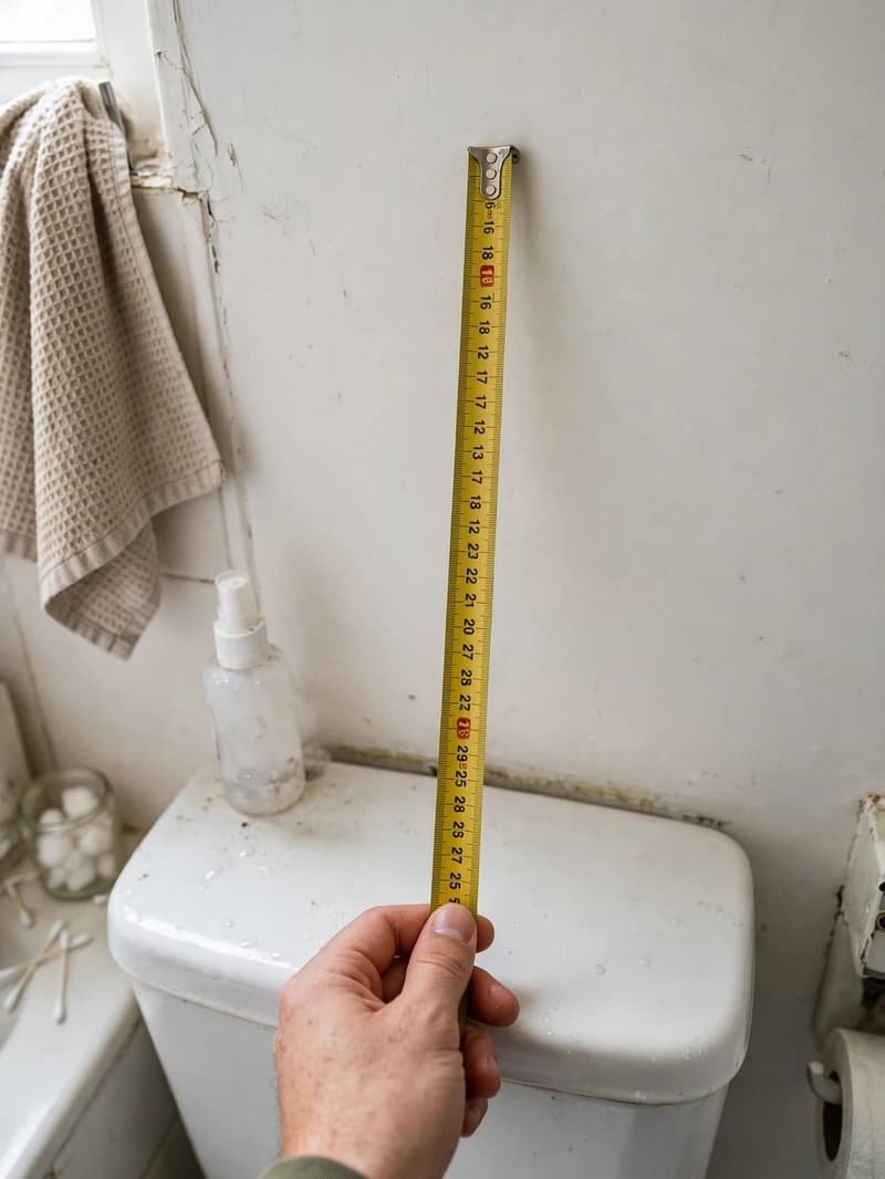 A hand holding a yellow measuring tape vertically against the wall above a toilet tank to check shelf clearance