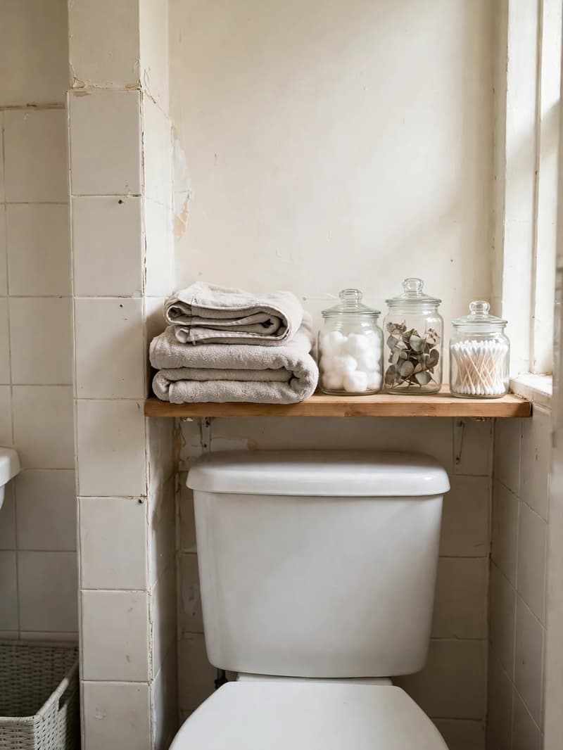 A single wood shelf above a toilet holding only folded towels and sealed glass jars with lids in bright daylight