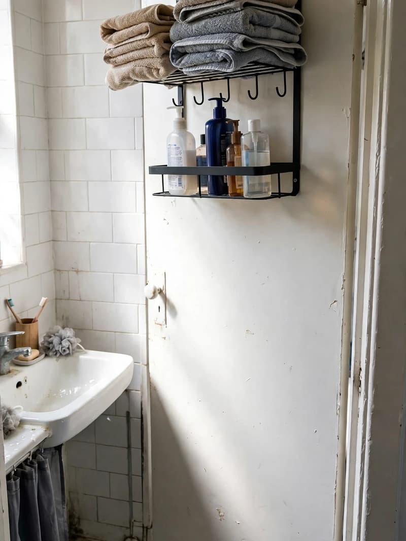 Over-door rack hanging on a bathroom door holding folded towels and everyday bottles