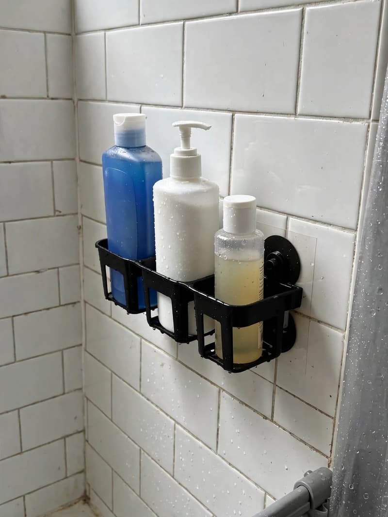 Adhesive shower caddy fixed to smooth shower tile holding shampoo and body wash bottles