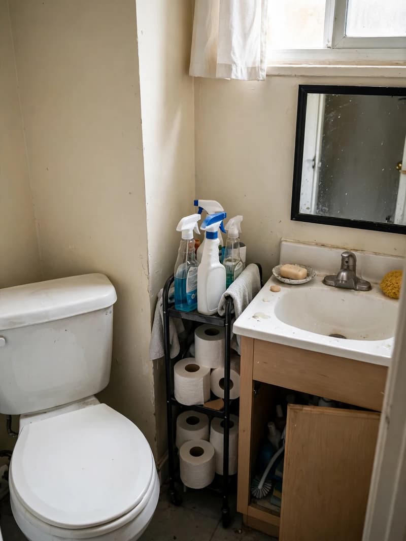 Narrow rolling cart tucked between a toilet and vanity holding toilet paper rolls and cleaning sprays