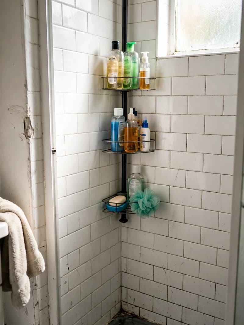 Shower corner tension pole with shelves holding bottles in a small rental shower