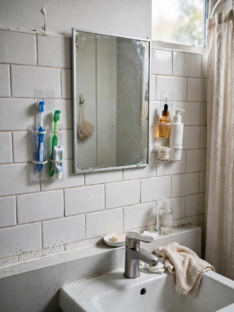 Bathroom mirror with small adhesive organizers beside it holding a toothbrush and skincare
