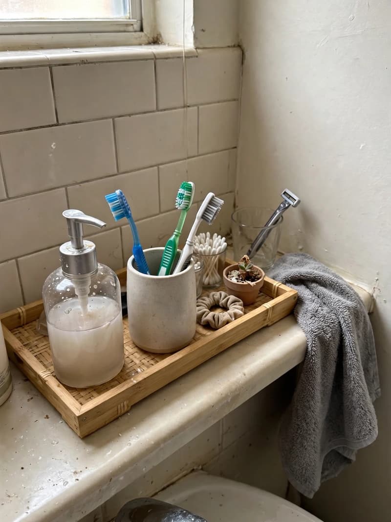 Wooden tray holding daily essentials on a rental bathroom counter beside the sink