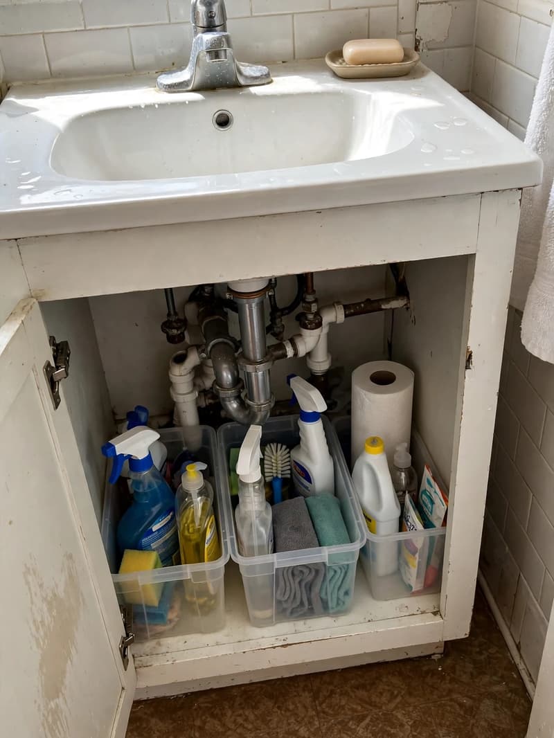Open under-sink cabinet with clear bins fitted neatly around the pipes holding cleaning supplies