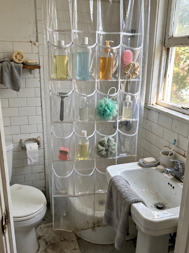 Clear shower curtain with pockets holding bottles and bathroom accessories