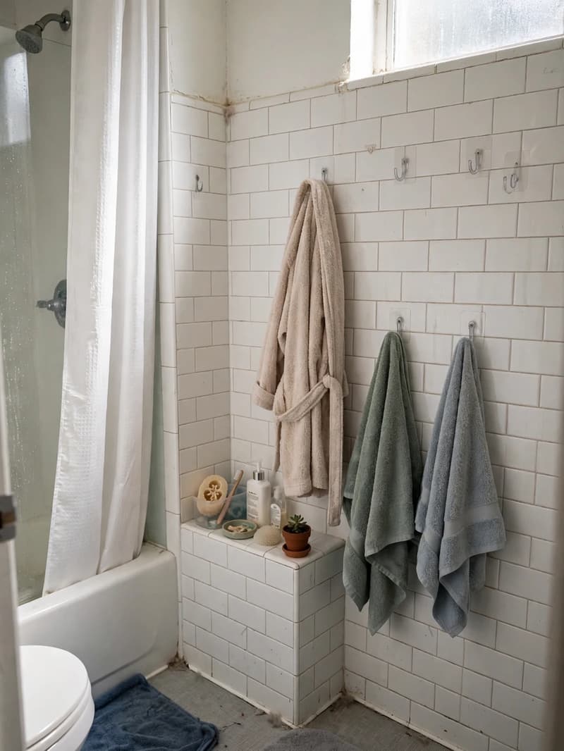 Bathroom wall with removable hooks holding a robe and towels near the shower