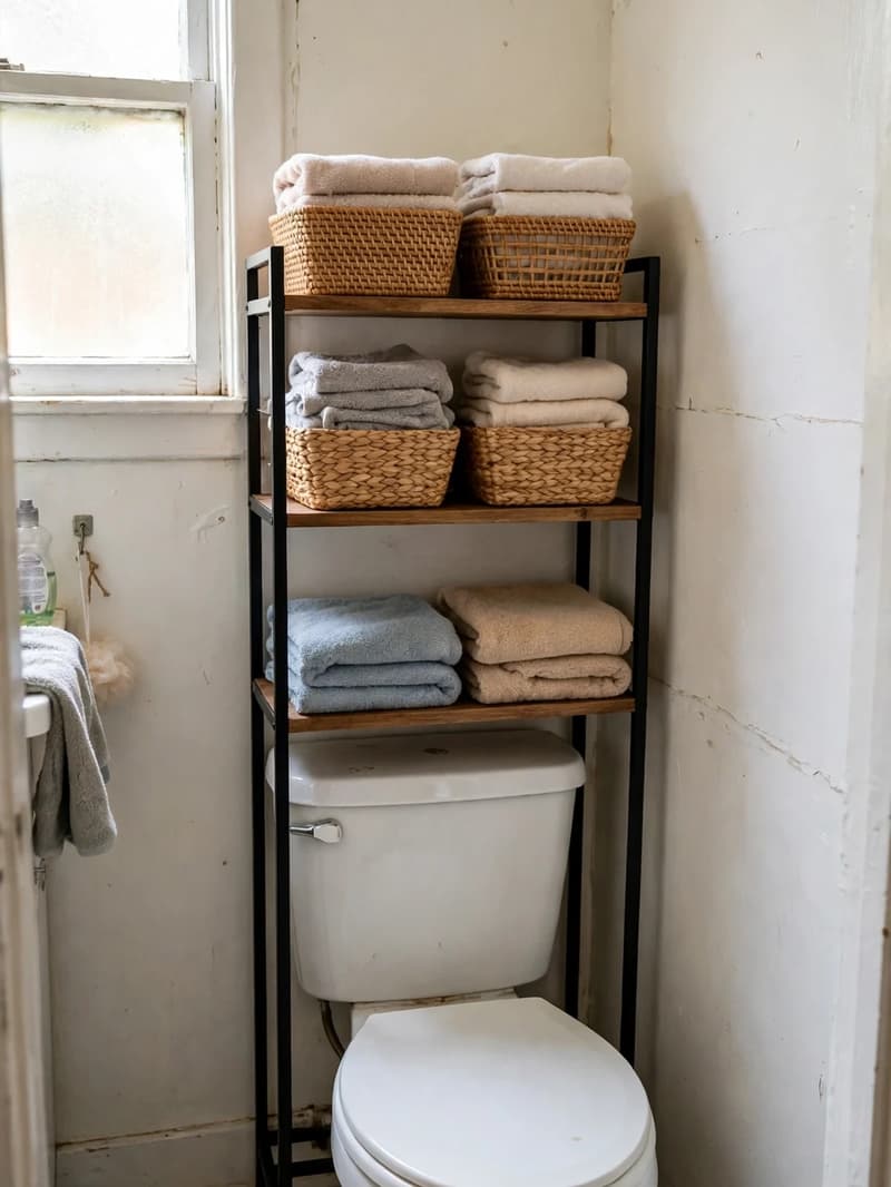 Freestanding over-toilet shelf with woven baskets and folded towels in a rental bathroom