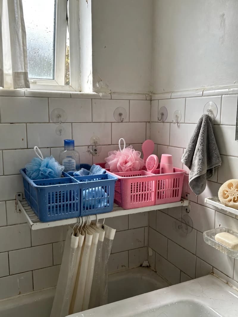 Two different coloured shower caddies, blue and pink, side by side on a bathroom shelf