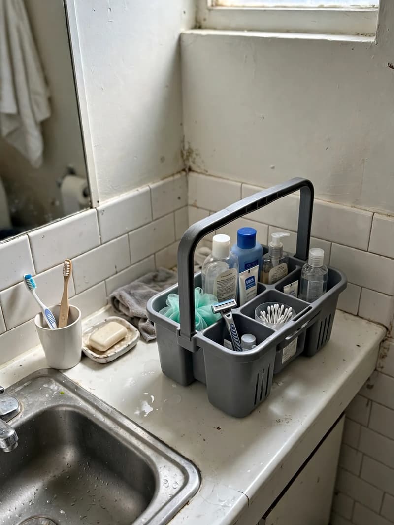 Portable handled shower caddy full of toiletries on a shared bathroom counter