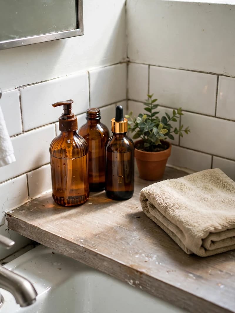 Styled rental bathroom counter with matching amber bottles, a small plant and a folded towel