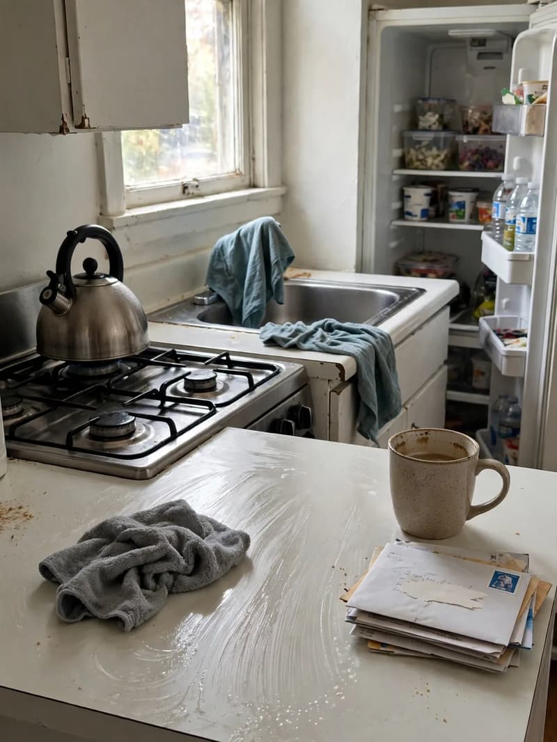 A small apartment kitchen mid-reset with a kettle on the stove, cloths by the sink and an open fridge being sorted in natural daylight