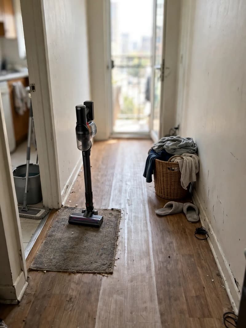 A cordless vacuum standing on a worn rug in a narrow apartment hallway with a mop bucket nearby and daylight from a balcony door
