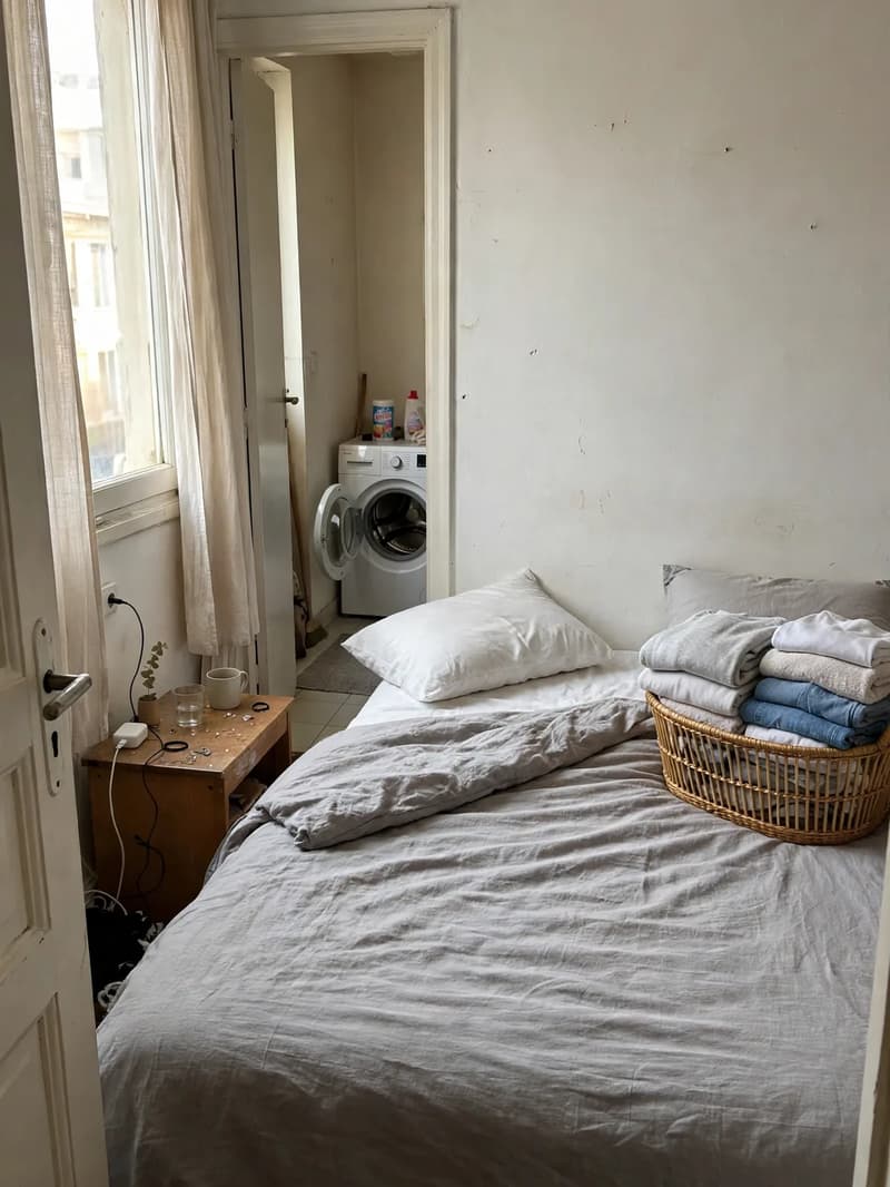 A small bedroom with a freshly made bed, a basket of folded laundry on it and a washing machine visible through the doorway