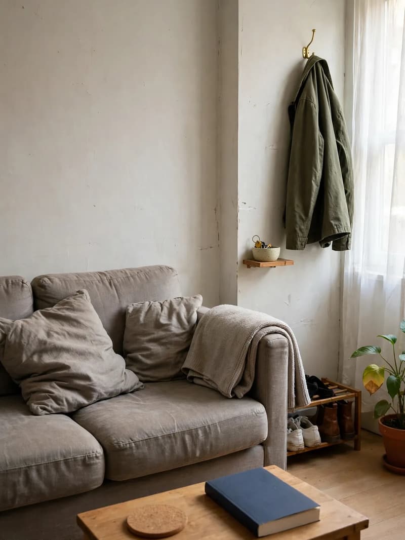 A tidy small living room corner with a linen sofa and folded throw beside an entryway with a coat on a hook and shoes on a small rack