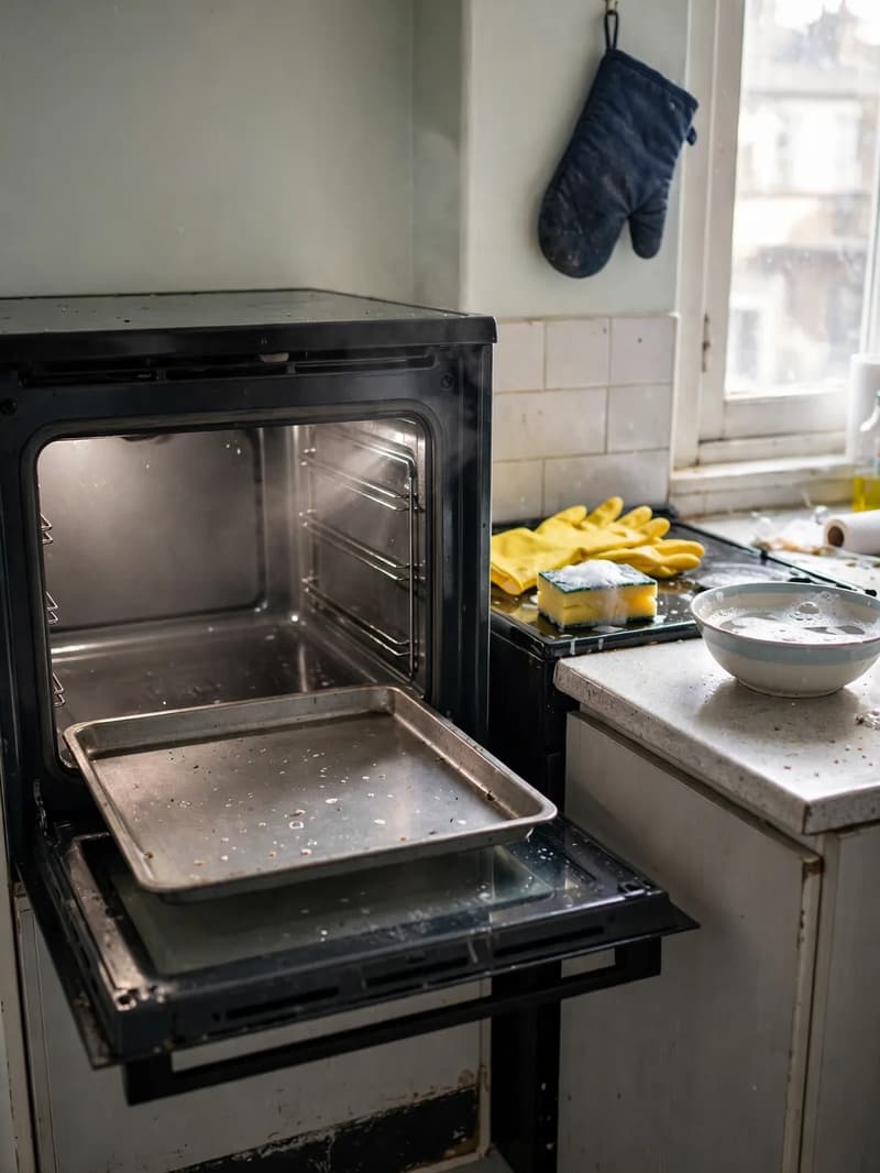 An open oven being deep cleaned in a small kitchen with a baking tray out, sponge, rubber gloves and a bowl of soapy water beside it